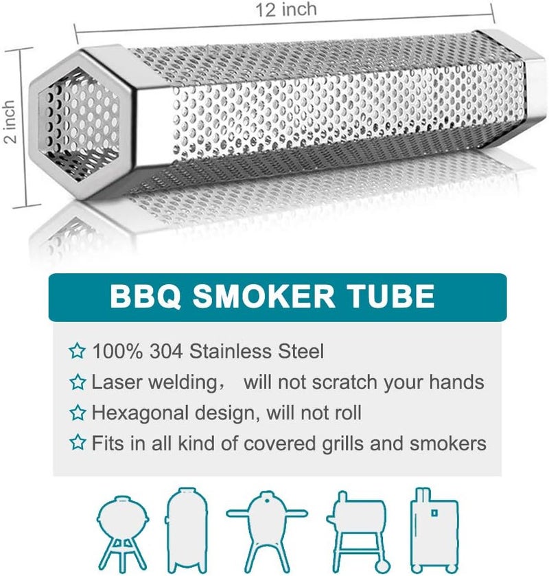 aushucu 2pcs Smoker Tube 12in Pellet Smoker Tube Stainless Steel Smoke Tube for Hot or Cold Smoking 5 Hours of Billowing smoke Portable BBQ Smoking tube Generator Electric Charcoal Gas Grill Smoker - Image 2